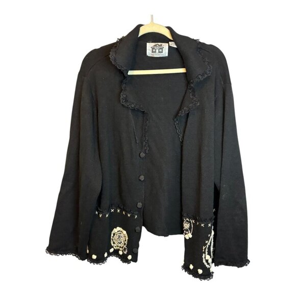 Storybook Knits Sweater Jacket Women's Size 1X Flower‎ Button Black White - Picture 1 of 3